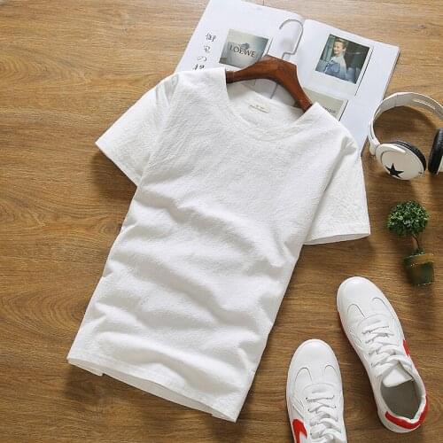 Plus Size M-7XL Mens Pure Color Tops 2020 Summer Cotton Linen Mens O-neck t-Shirt Flax Slim Short Sleeve White/Black