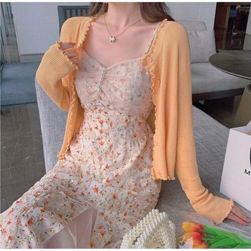 French Sweet Fairy Dress Women 2021 Vintage Romantic Floral Chiffon Sequin Fashion Chic Mesh Beaded Elegant Ladies Sling Dresses