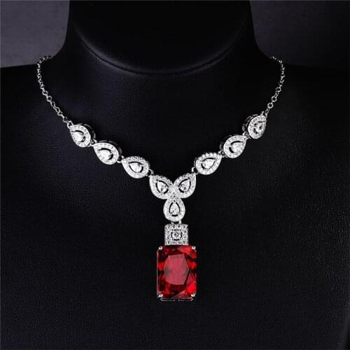 Luxury Crystal Red Rectangle Pendant Necklace For Lady Bride Wedding Accessories Trendy 925 Sterling Silver Necklace Girl Party