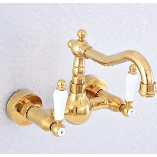 Luxury Gold Color Brass Wall Mounted Double Handle Bathroom Faucet Vanity Vessel Sinks Mixer Tap Cold And Hot Water Tap Nsf607