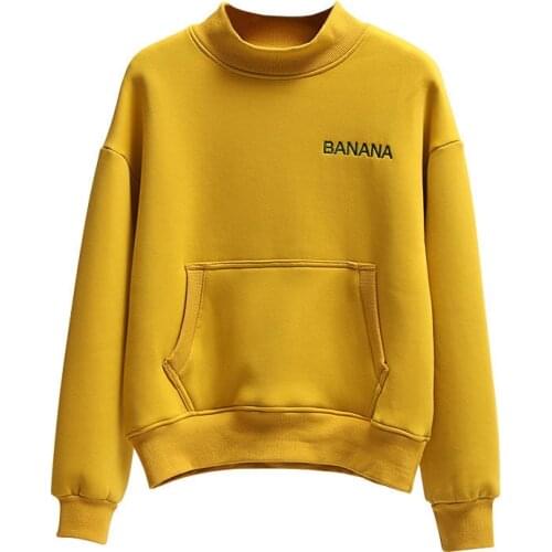 ZuoLunOuBa Winter Plus Fleece Keep Warm Women Hoody Embroidered Letters Banana Lady Sweatshirt O-neck Yellow Pullover Female