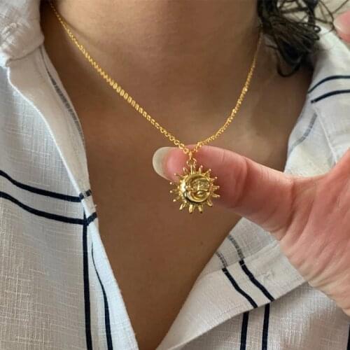 Bohemian Moon and Sun Face Pendant Necklace Golden Minimalist Jewelry Vintage Portrait Coin Stainless Steel Friendship Gift BFF