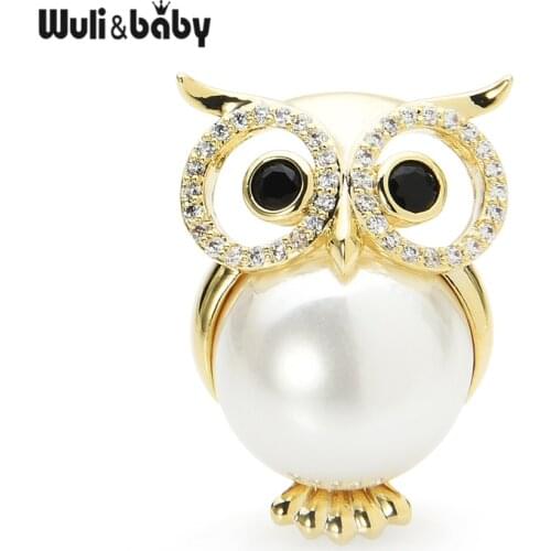 Wuli&baby Pearl Owl Magnet Brooches Women Men Czech Rhinestone Owl Animal Casual Office Brooch Gifts