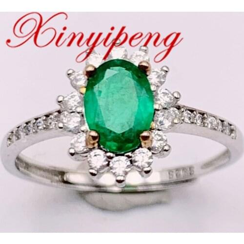 Xin Yipeng Fine Gemstone Jewelry Real S925 Sterling Silver Gold Plated Inlaid Natural Emerald Ring Anniversary Gift For Women