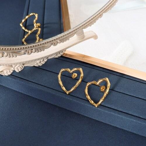 YAONUAN French Bamboo Joint Earrings Gold Plated Titanium Steel Heart Big Stud Earrings For Women Fashion Jewelry Party Wedding
