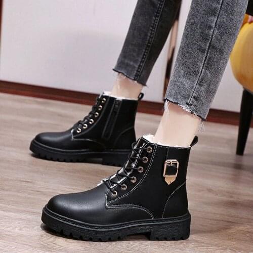 Women Winter Warm Boots Shorts Plush Fur Ankle Boots PU Leather Black Shoes Fashion Lace Up Women Boots Plus Size 35-43