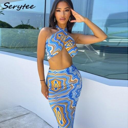 Serytee Print Sexy Halter Crop Tops And Bodycon Long Skirt Women Two Piece Set 2021 Summer Beach Party Outfits Matching Set