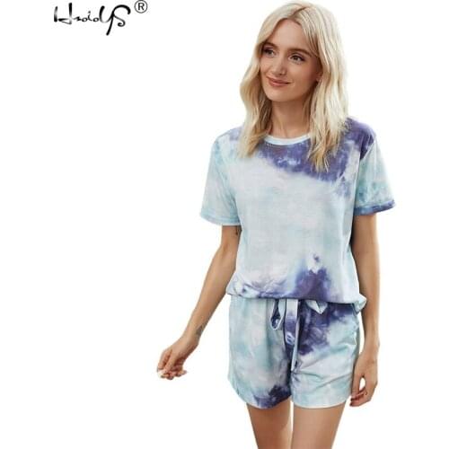 2 Piece Set Women Tie-Dye Printed Crewneck Pajamas Set Homewear Short Sleeve Tops With Shorts Loungewear Nightwear Sleepwear New