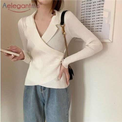 Aelegantmis Korean Elegent Office Lady Knitted Pullover Women Fashion V Neck Slim Female Sweaters Chic Design Style Tops 2021
