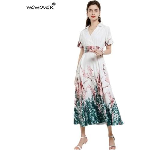 Runway Fashion Print Sashes Long Maxi Summer Dresses for Women Clothing 2021 Designer Elegant Short Sleeve Holiday Aline Vestido