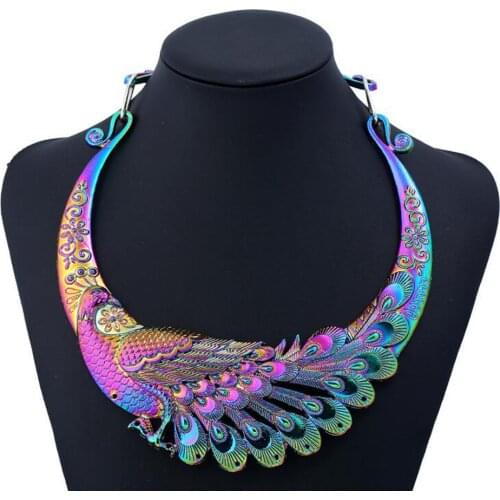 Women Retro Engraved Colorful Chunky Collar Choker Necklace Indian Exaggerated Jewelry - Peacock / Dragon