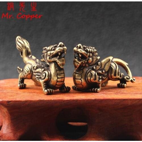 Antique Copper Chinese Mythical Beast Pixiu Miniature Figurines 1 Pair Ornaments Brass Lucky Animal Qi Lin Desktop Decorations