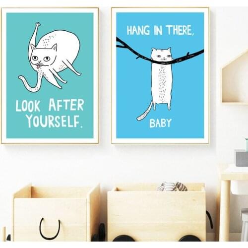 White Cat Quotes Posters And Prints Canvas Painting Wall Art Prints Cartoon Wall Pictures Nordic Style Kids Room Decoration