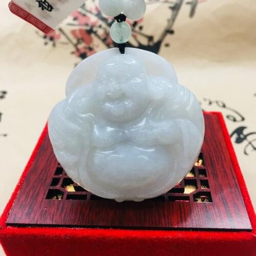 Zheru pure natural Jadeite carved light green large paragraph laughing Buddha pendant with three-color bead sweater chain Send A