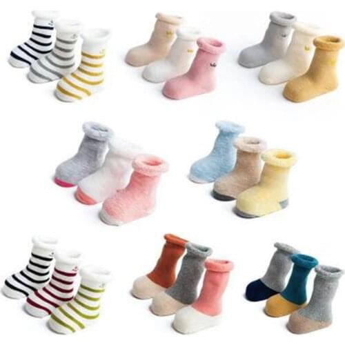 3Pcs Autumn And Winter Thickening Terry Cotton Baby Socks In The Tube Loose Mouth Soft Warm Baby Socks Striped Children Socks