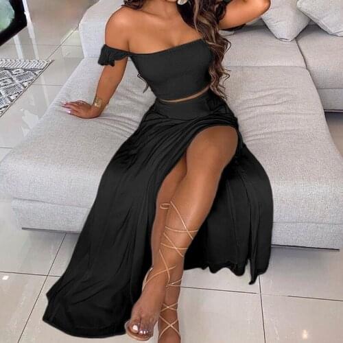 Sexy Split Skirt and Top Set Off Shoulder Strapless Crop Top Long Skirt Set summer Solid Black Beach Club Outfits Mujer Faldas