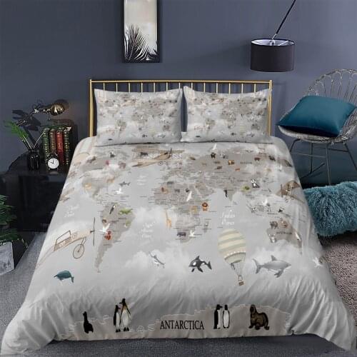 Grey World Map Bedding Set Cartoon Kids Fashion 3d Duvet Cover Set Comforter Bed Linen Twin Queen King Single Size Dropshipping