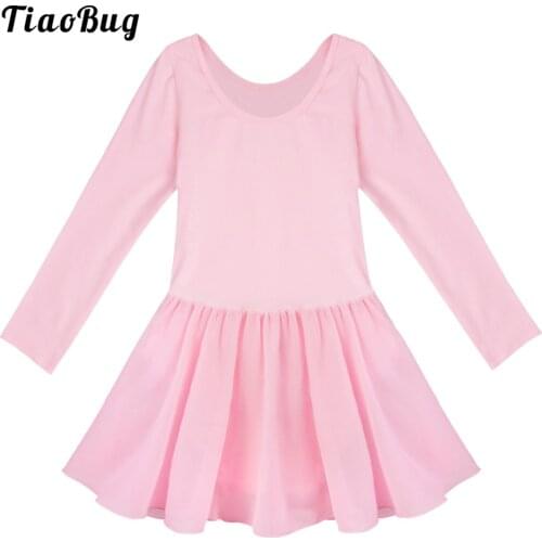 Summer Girls Long Sleeve Chiffon Round Neck Ballet Dancer Leotard Dress