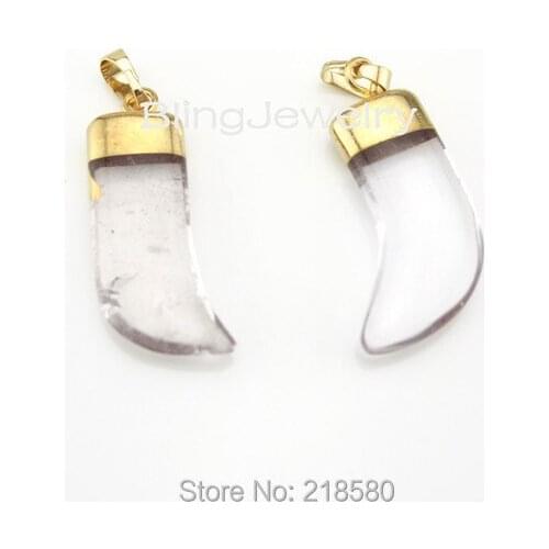 H-SP578 Healing Crystal Clear Quartz Horn Tusk Pendant in Gold or Silver Plated
