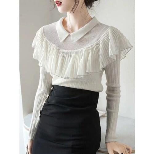 Fashion women Sweaters 2021 Runway Luxury Brand European Ruffles Design party style women Wool Pullover White / Black Clothing