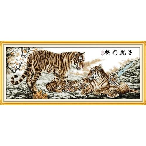Tiger family cross stitch kit 14ct 11ct pre stamped canvas cross stitching animal lover embroidery DIY handmade needlework