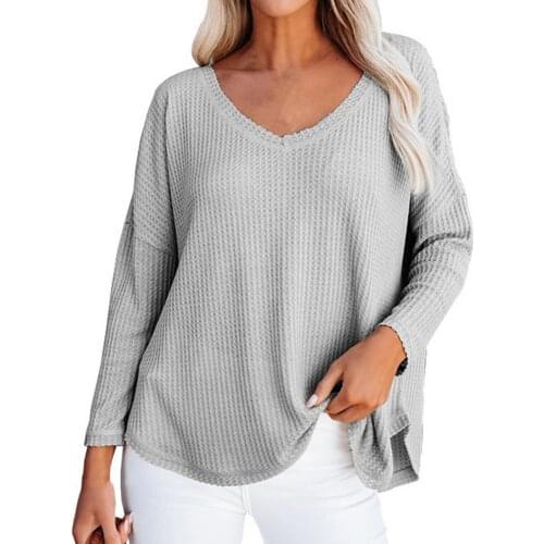 New Stylish Lady Blouse Solid Color All Match Elastic V Neck Casual Loose Long Sleeve Knitted Pullover Tops for Daily Wear