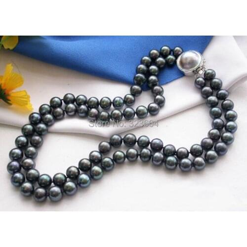 AA++ 2ROW 11mm BLACK ROUND FRESHWATER PEARL NECKLACE MABE
