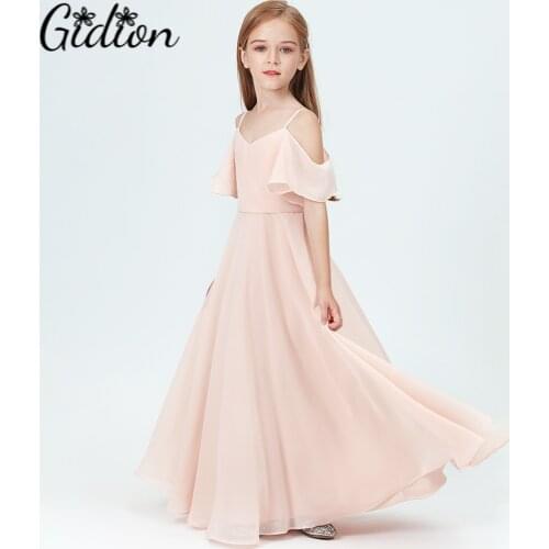 Girls Bridesmaid Dresses Off-Shoulder Ruffled Sleeves For Wedding Pleated Dresses Girl Party Princess Gowns Long Prom Dress