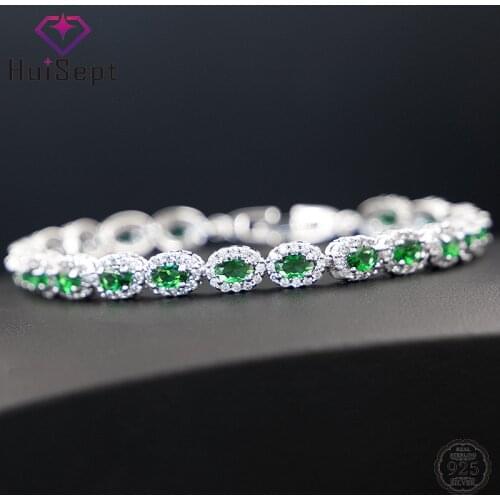 HuiSept Luxury Charm Bracelet for Women 925 Silver Jewelry Oval Emerald Zircon Gemstone Accessories Wedding Engagement Bracelets