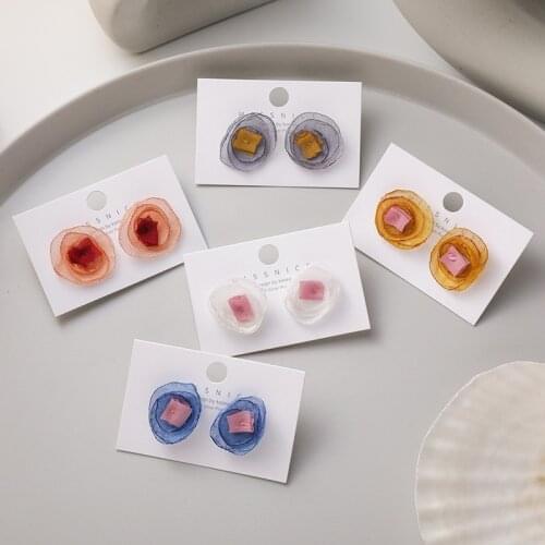 Vintage Perspective Yarn Flower Earrings Retro Colorful Lace Layed Camellia Stud Earrings for Women Wedding Party Jewelry Gift