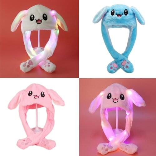 Adult Kids Light Up Plush Animal Hat with Moving Ears Cartoon Rabbit Bunny Panda LED Glowing Earflap Cap Stuffed Toys
