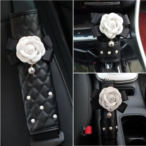 Camellia Pearl Car Safety Belt Cover Leather Seat Shoulder Pad for Women Girls Car Styling Flower Seat belt Handbrake Cover