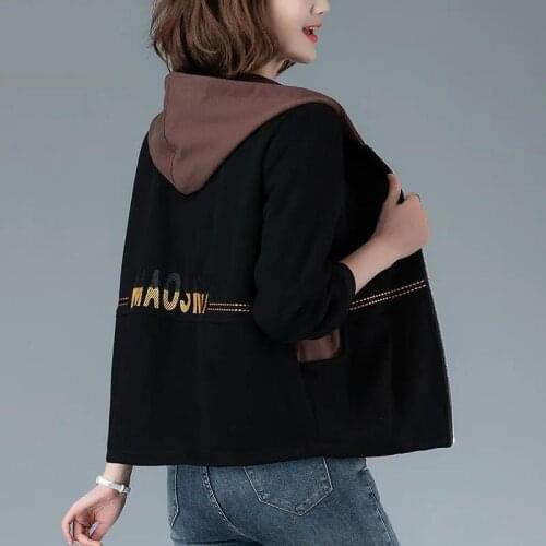Ladies Short Jacket Spring Autumn Hooded Coat 2021 New Loose Large Size Casual Zipper Women Outerwear Jackets Black Fashion Tops