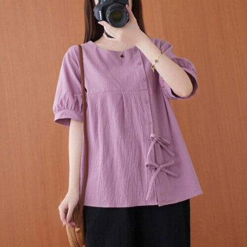 Women Cotton Linen Casual Shirts New Arrival 2021 Summer Vintage Style Solid Color Loose Female Short Sleeve Tops S3529