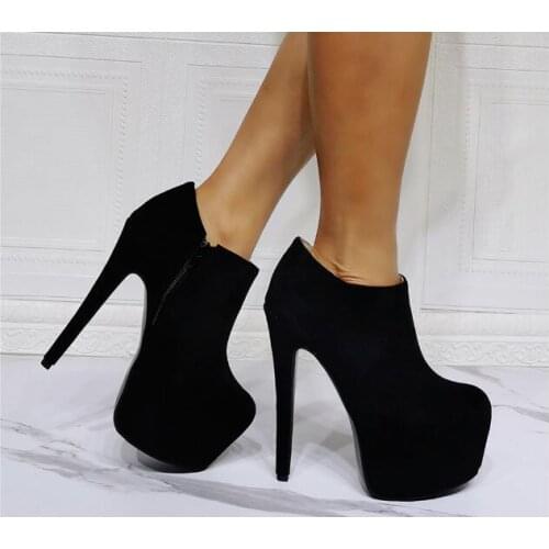 Factory Photos Woman Solid Black Suede Super Stiletto Heels Platform Ankle Boots Female Round Toe Party Dance Shoes Big Size 47