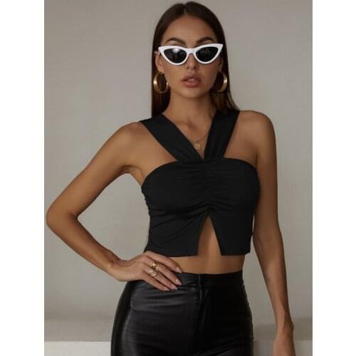 Women’s Fashion Solid Color Vest Female Sexy Pleated Irregular Split Exposed Navel Sleeveless Tops Summer
