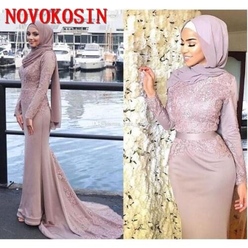 2019 Muslim Evening Dresses with Long Sleeves Applique Lace Arabic Mermaid Evening Gowns Sweep Train Trumpet Vestidos De Novia