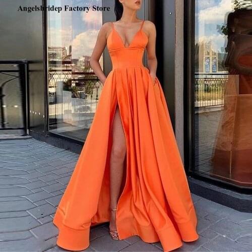 Angelsbridep Simple Satin A Line Long Evening Dresses Spaghetti Straps Side Slit Pockets 2021 Women Party Prom Dresses Lace-up