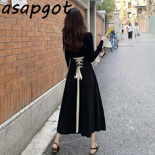 Korean Chic Vintage Back Bandage Black Square Neck Flare Sleeve Dress Women New Slim Lace Up Waist High Vestido Fashion Wild