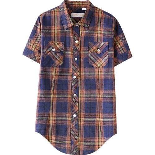 2021 Summer New Fashion Plaid Short Sleeve Shirt Women Summer Blouse Shirt Casual Cotton Tops Girl Summer Clothing Shirt M-XXXL