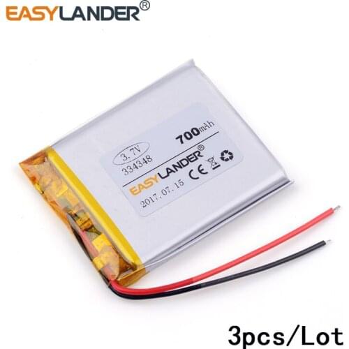 3pcs /Lot 3.7v lithium Li ion polymer rechargeable battery 334348 700mah for MP5 DVR GPS Toy Sound card