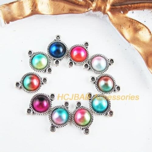 40 New Round Charms Tibetan Silver Tone Retro Mixed Colored Acrylic Flower Connectors 8.5x13mm