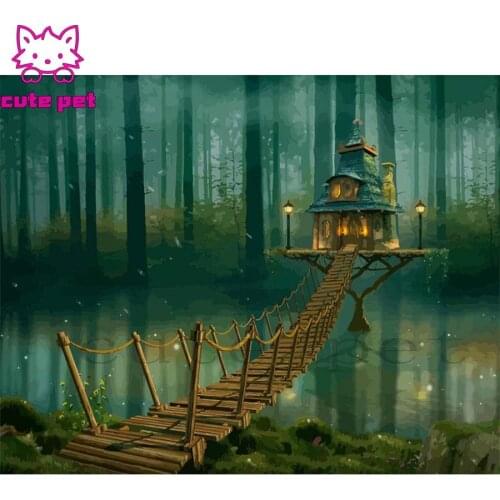 5D DIY diamond paintingAbstract art, wooden bridge over water house scenery cross stitch full square round diamond Emeroidery