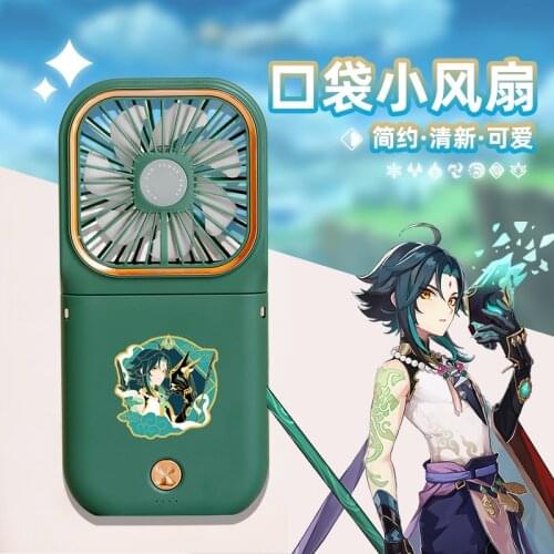Anime Genshin Impact Xiao zhongli cosplay fan Portable handheld fold USB charging Fan Student gifts Props power Bank