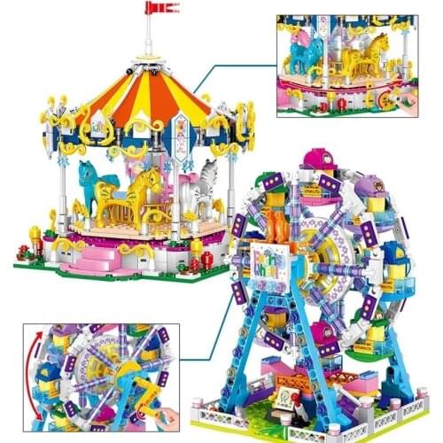 City Amusement Park Active Play Merry-go-round Roller Coaster Ferris wheel Friends Building Blocks Toys For Girl Birthday Gifts