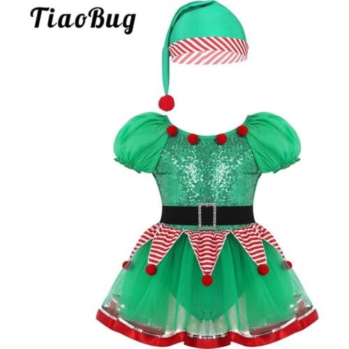 TiaoBug Kids Girls Christmas Cosplay Festival Fancy Party Santa Clause Elf Costume Stage Performance Mesh Dress with Xmas Hat