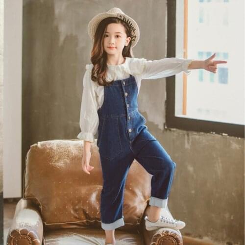 Baby Girl Cotton Set Quality Autumn Winter Clothing - Fashion Doll Collar White Shirt +Suspender Jeans 2 Piece Sets Kids Clothes