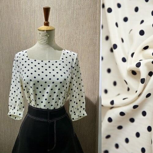 1 Meter Creamy White Navy Blue Polka Dot Printed Silk Crepe De Chine Fabric, 16 Mum Shirt Mulberry
