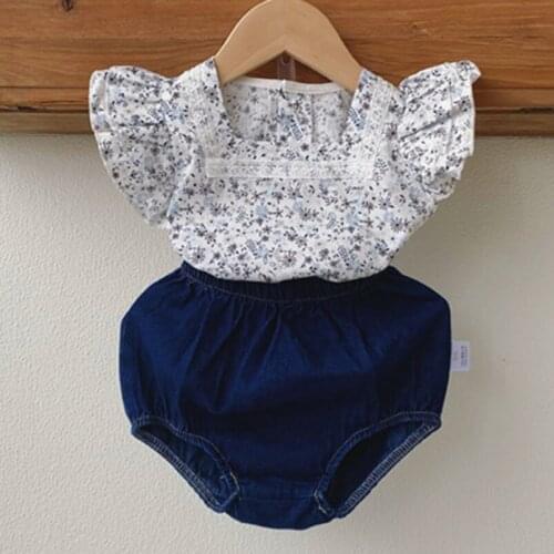 Ruffles Lace Floral Girls Shirt Summer Sleeveless Kids Blouse for Girls Clothing Cotton Breathable Children Shirt+Denim Shorts
