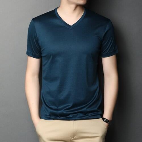 New Fashion Luxury Natural Silk Tshirt Men Solid Short Sleeve V Neck Summer Vintage Business Casual T Shirts Male Tee Tops